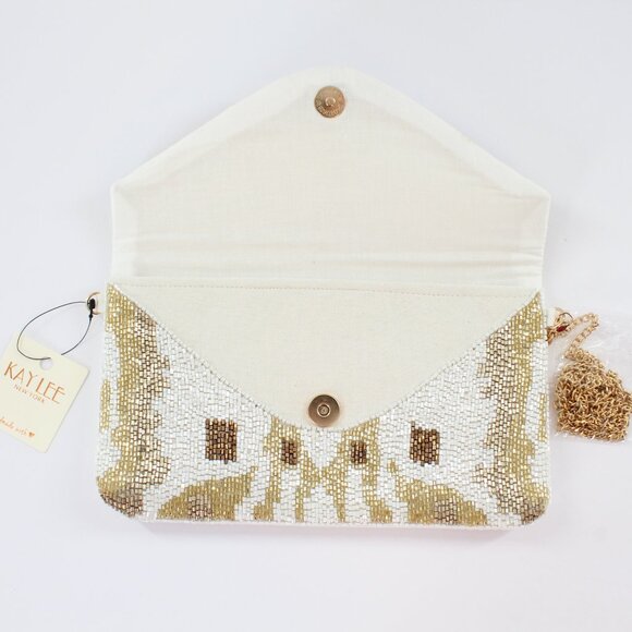 FREE EARRINGS - KAYLEE Patterned Beaded Envelope Clutch Crossbody Bag NWT White - Picture 4 of 6